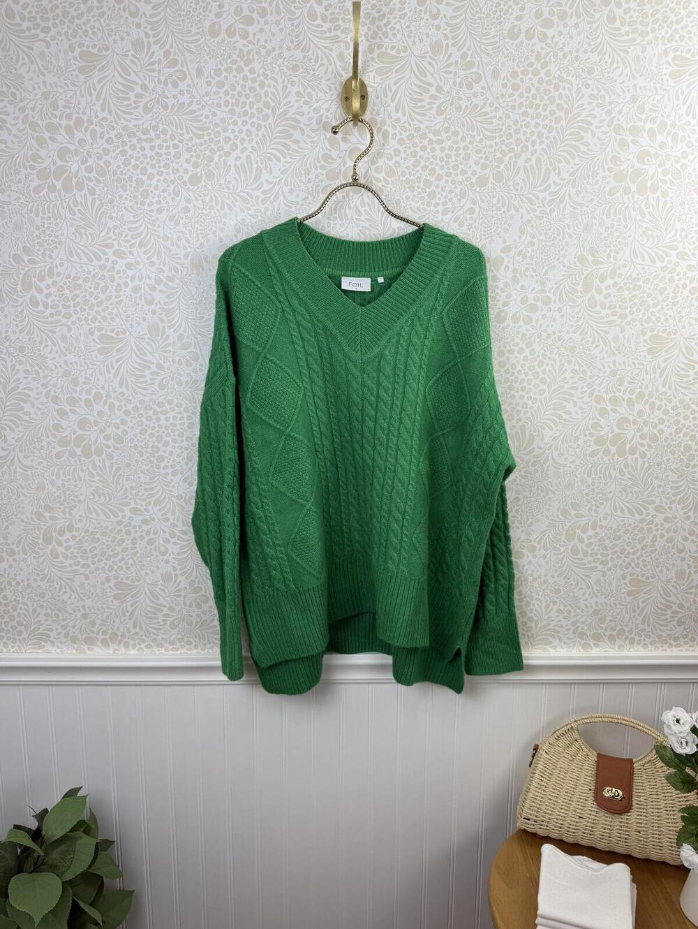 Foil Green Cable Knit Oversized Soft Wool Blend V-Neck Sweater - Size - Small